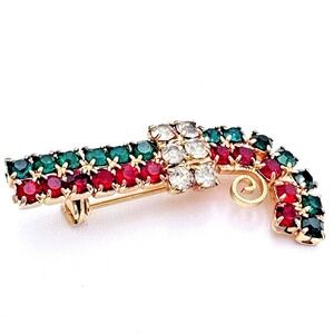 VTG Rhinestone Christmas Candy Cane Brooch Pin Holiday Jewelry